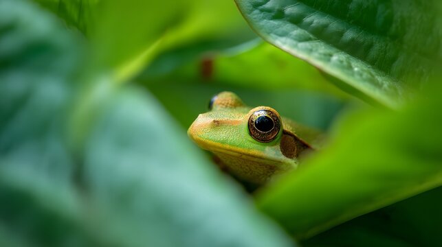 A close up of a green frog partially hidden behind large green leaves in a natural outdoor setting