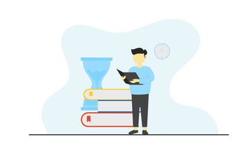 Flat Design Illustration of Time Management and Study Concept – Man Reading on Digital Device with Books and Hourglass