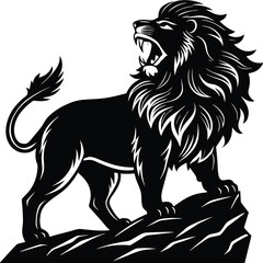 Roaring Lion Silhouette on Rock, Black and White Vector Illustration, Regal Animal Art