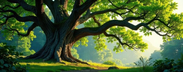 Fototapeta premium Ancient oak, gnarled branches reaching skyward, landscape, canopy
