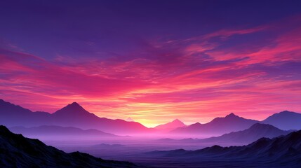 Obraz premium Majestic Mountain Sunset - Vibrant pink and purple sunset over a silhouetted mountain range. Peaceful and serene landscape