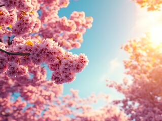Fototapeta premium Beautiful blooming pink flowers thriving with natural sunlight and blue sky
