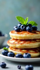 Delicious pancakes stacked with fresh blueberries and mint garnish.