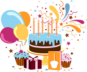 Birthday decoration element. Celebration cake with gifts, balloons and fireworks