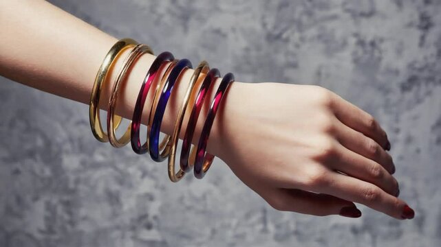 A hand adorned with vibrant metallic bangles showcasing elegance.