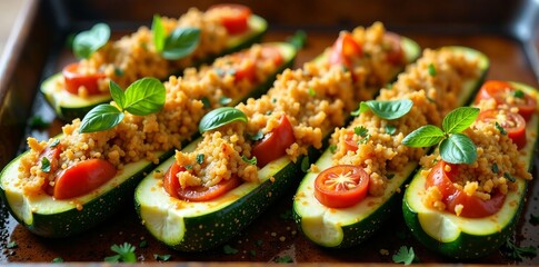 Delicious stuffed zucchini with tomatoes and herbs, perfect for a healthy meal option.