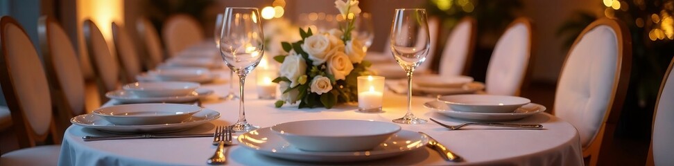 Elegant dining table set with white plates, glassware, and a floral centerpiece.