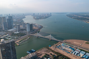 Obraz premium Aerial view of Koh Pich bridge at sunset - Cambodia