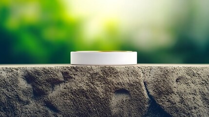 White platform on a rough stone surface. Natural green foliage glows in background