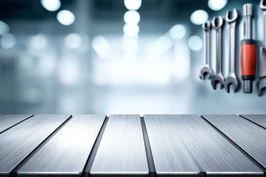 Metal Tabletop and Blurred Automotive Tools - A clean metal table, perfect for showcasing products. Symbolizes precision, craftsmanship, industry, repair, and innovation