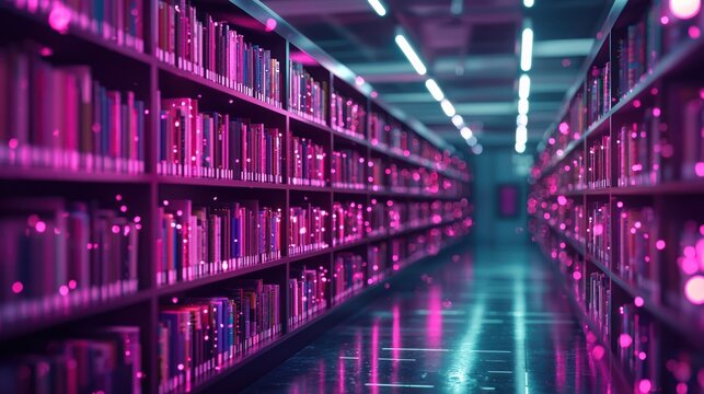 Neon Library Corridor, Bookshelves, Abstract. Possible stock photo use for educational or design inspiration
