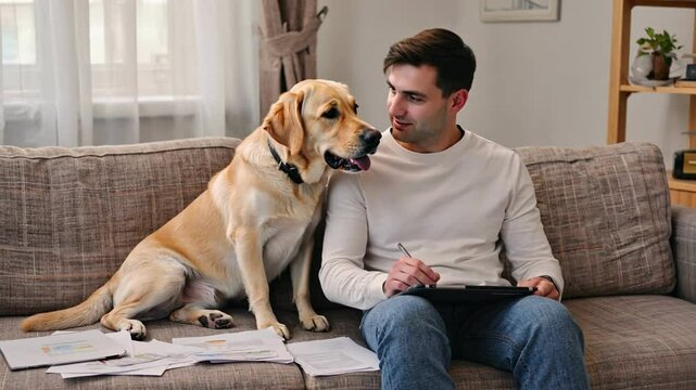 Man's Best Friend: A man and his loyal labrador retriever enjoy a serene moment together on a cozy couch, capturing the essence of companionship and unconditional love in a sunlit room.