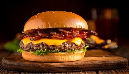 Grilled beef cheeseburger with crispy bacon, cheddar, and lettuce on soft bun with dark background