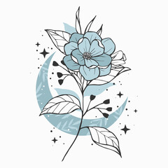 Magic blue flower illustration. Beauty moon design.