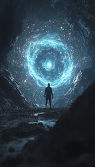 Fototapeta premium Silhouette shot of a lone warrior standing before a portal made of liquid stars, the universe shifting inside. Cinematic surreal dreamscape