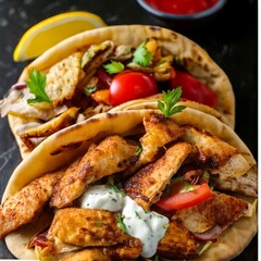Grilled Chicken Gyro Platter with Flatbread and Tzatziki Sauce – Mediterranean Cuisine AI Image