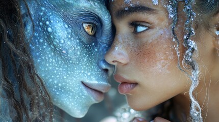 A captivating moment unfolds as a human girl and an alien creature share an intimate gaze in an enchanting forest