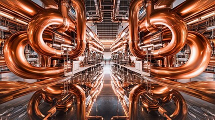 Symmetrical View of Complex Copper Piping System in Industrial Setting for Engineering and Infrastructure