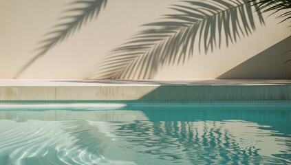 Fototapeta premium Tropical scene with a swimming pool, a light-colored wall, and the shadow of a palm leaf cast by sunlight.