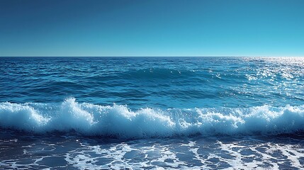 Fototapeta premium Ocean's Breath: A serene ocean stretches to the horizon, its azure waters forming gentle waves that crash softly against the shore, the sky clear and boundless. 