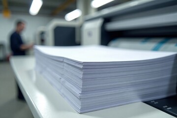 Stack of blank papers ready for printing in a modern industrial print shop.