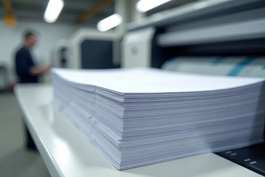 Stack of blank papers ready for printing in a modern industrial print shop.