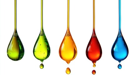Vibrant liquid drops of various colors cascading downwards.