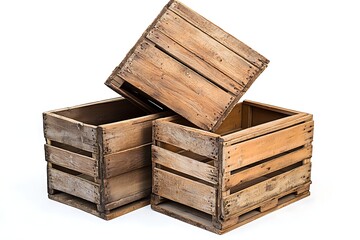 Three Empty Rustic Wooden Crates on White Background
