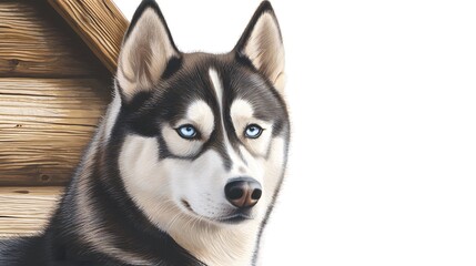 Obraz premium A stunning portrait of a Siberian husky dog with intensely beautiful piercing blue eyes gazing intently, its black and white fur detailed against a rustic wooden background,