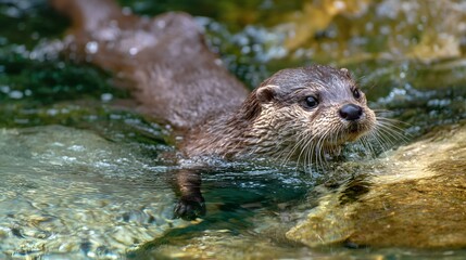 A close up of an otter swimming in clear water with rocks visible beneath the surface of the water