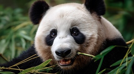 Fototapeta premium A close up shot of a panda bear eating bamboo with a blurred green background in natural light