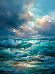 Painted Waves.  Generated image.   Waves crash with vibrant colors under a dramatic sky, where sunlight pierces through thick, billowing clouds. 