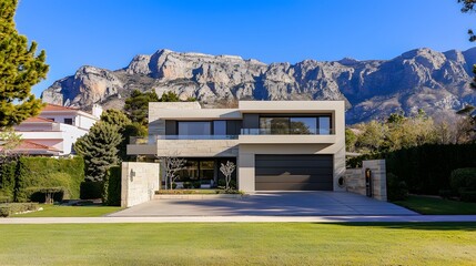 A stunning modern villa with sleek architecture sits majestically in a tranquil suburban setting against a backdrop of majestic mountains, showcasing elegant design and luxurious