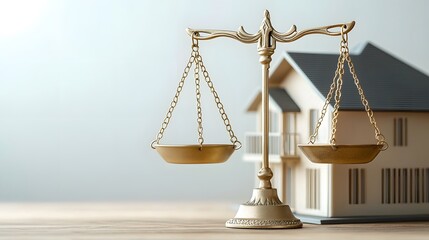 A golden scale of justice sits beside a miniature house model symbolizing real estate law, property rights, and fair housing legal proceedings ensu equitable distribution and