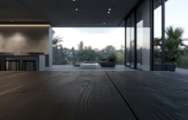 Modern, open-plan living area with a wooden table, overlooking a patio. Blurry background of a kitchen and outdoor space