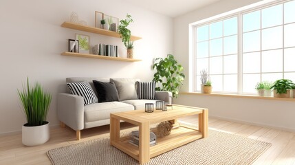 Modern Minimalist Living Room Interior - Bright, airy living room with light grey sofa, wooden coffee table, and potted plants. Modern minimalist design