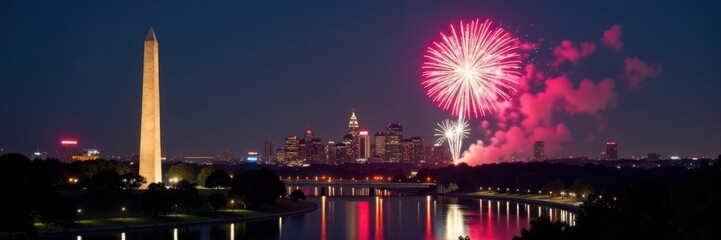 Spectacular fireworks display over Philadelphia, featuring iconic Washington monument , downtown, vibrant