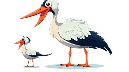 Vintage Cartoon Stork with Baby Illustration - Kids Nursery Wall Art Print