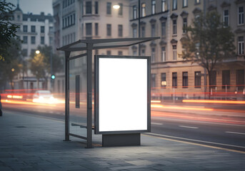 vertical poster mockup in downtown street with glowing vehicle light streaks and buildings

