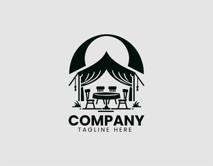 Minimalist Event Tent Silhouette Table Chairs Vector Logo Design, Simple Event Tent Table Chairs Silhouette Logo