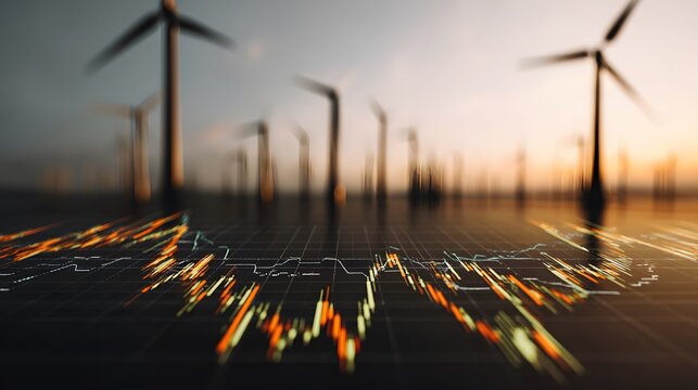 Wind turbines against a sunset sky with an overlay of financial market data visualization