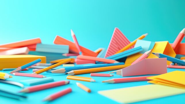 Colorful pencils and stationery scattered on blue background; education concept