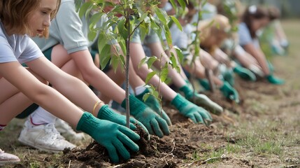 Students planting trees in a row wearing green gloves for an environmental project outdoors in the field