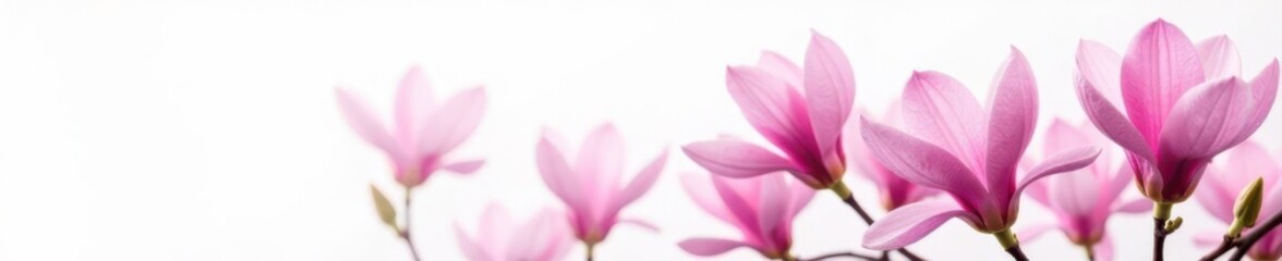 Fototapeta premium Several lush pink magnolia flowers against a pure white background , pretty, high-resolution