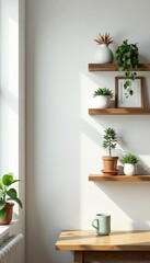Rustic wooden shelves, greenery, & decor on a bright wall , cozy, potted plants, lifestyle
