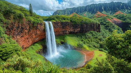 Aerial view of a majestic Hawaiian waterfall with a beautiful rainbow, showcasing a photorealistic, high - resolution, high - definition and high - quality natural scene. 