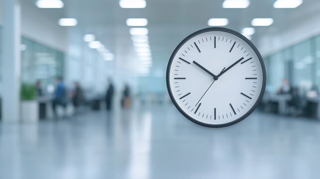 A clock displays the time with motion-blurred individuals bustling in the office background, suggesting a hectic workday atmosphere.