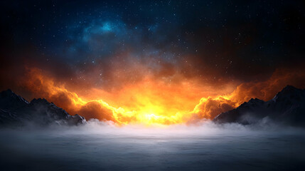 Obraz premium Fiery Night Sky Over Misty Mountains