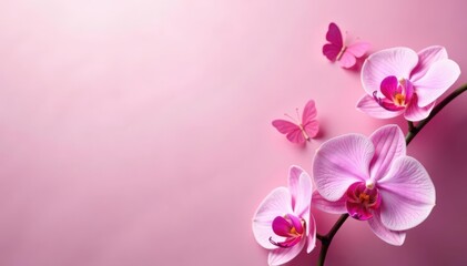 Pink background, delicate pink orchids & butterflies , fauna, photo