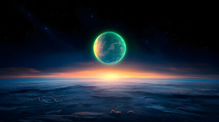Green Planet Rising Over a Distant Sunset